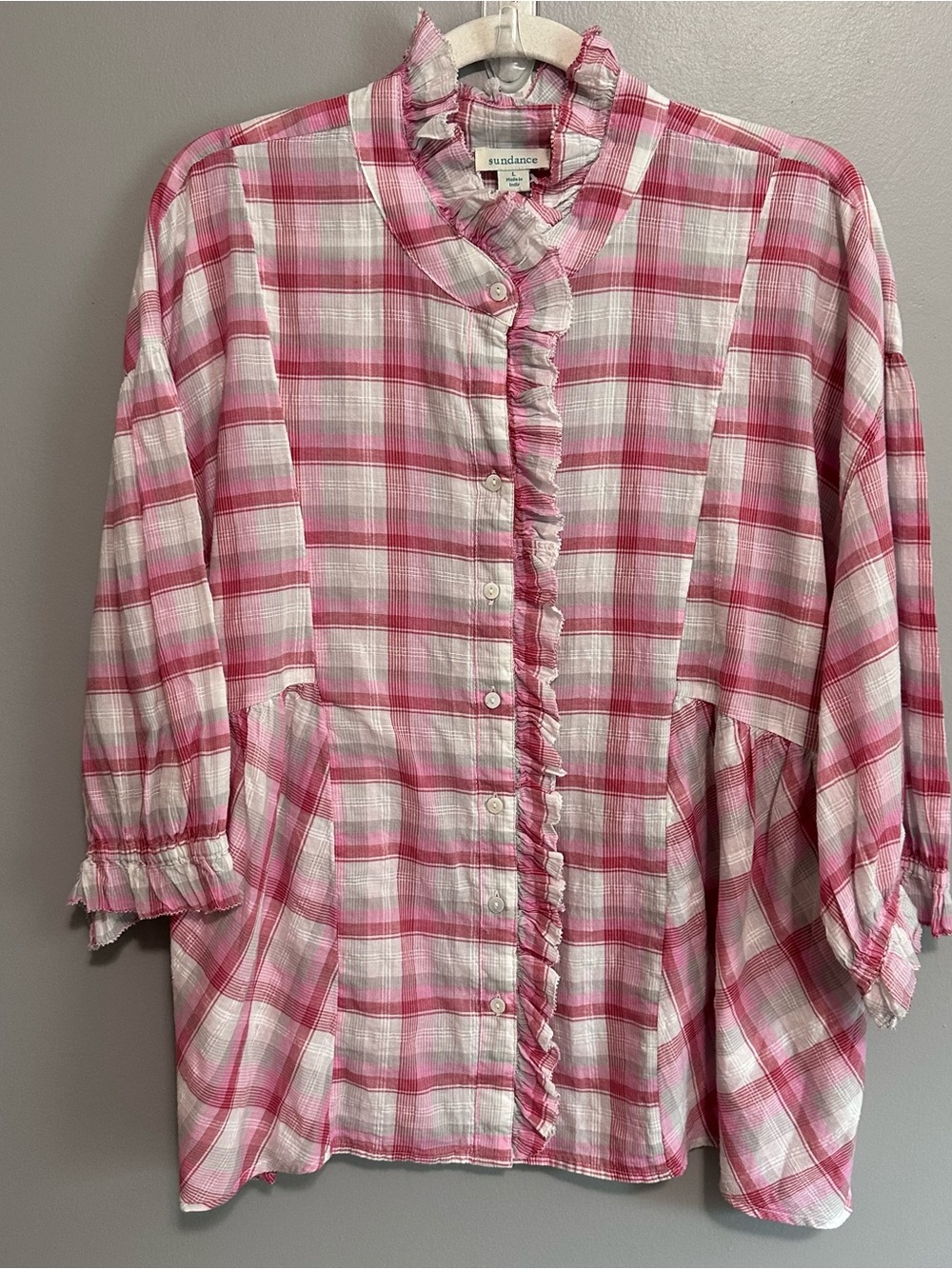 Sundance Janice Plaid Ruffle Button Down Pink Boho Cottagecore Blouse Top large